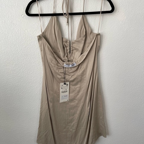 ZARA Ruched Mini Dress Soft Gold Tan | 2298/155 size XLarge Short Tie Neck - Picture 5 of 15